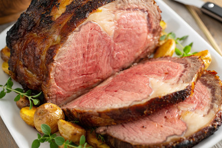 Roast boneless prime beef with baby potatoes for a holiday dinnerの写真素材