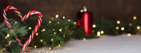 Christmas Dark Background with Christmas Candy, Firの写真素材