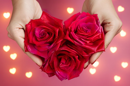 Woman hands holding three red roses as heart on pink background with bokeh with hearts aboveの写真素材