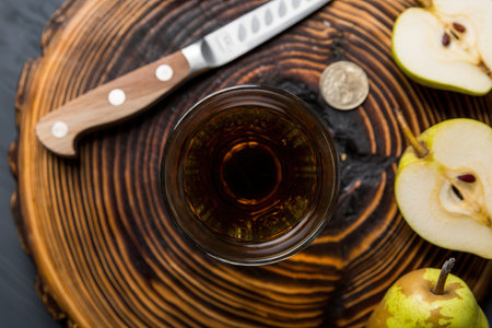 top view of pear juice in a glass and kitchen knife with slices of fresh pears on black backgroundの写真素材