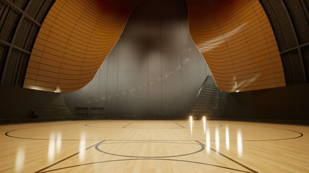 Interior of empty modern basketball indoor sport court, semigloss coating wooden floorの写真素材