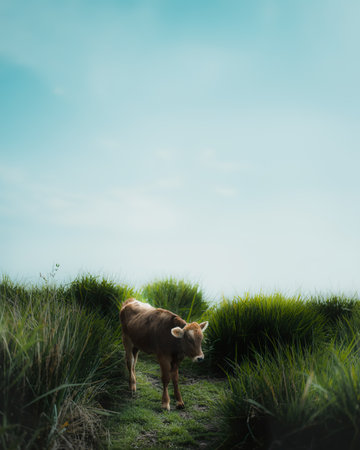 Scottish Highland calf in the fieldの写真素材