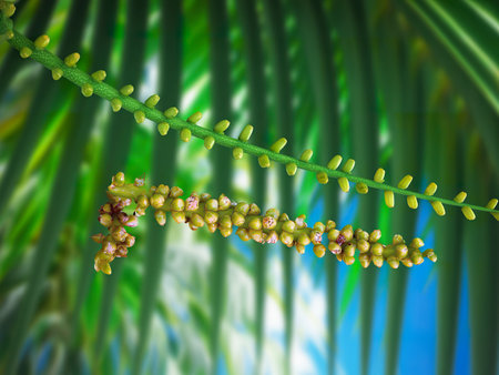 Close up yellow coconut pollen, tiny flowers on a coconut palm tree with blurred background