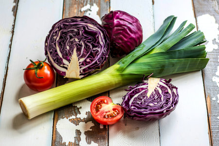 Leek tomato purple cabbage isolated on wood background