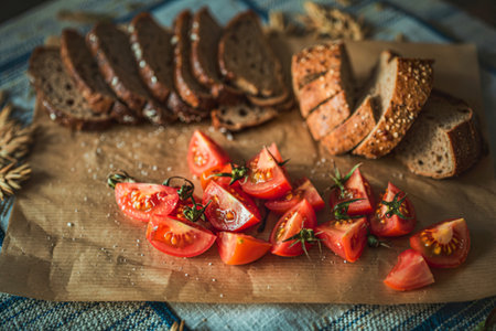 Close up sliced rye bread and spicy tomato pieces concept photo. Italian cuisineの写真素材