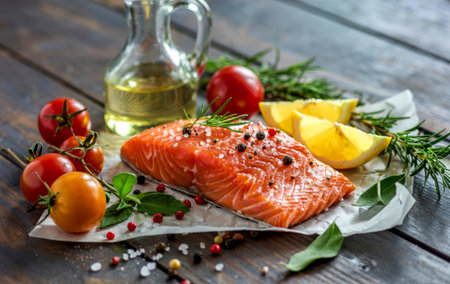 Raw salmon fillet pepper salt dill lemon rosemary and cherry tomatoes on a dark wooden tableの写真素材