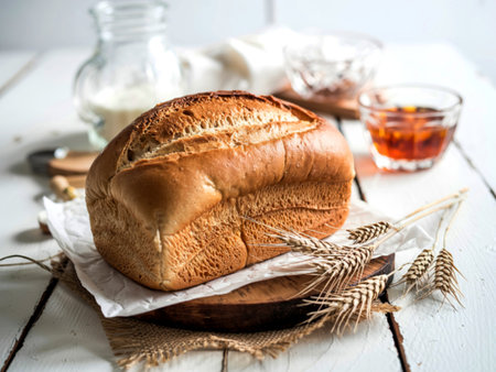 oblong baked bread made from white wheat flour on a white table, crispy bun
