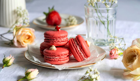 baked red strawberry macarons and rosebuds on a white table, gourmet almond flour dessert, close upの写真素材