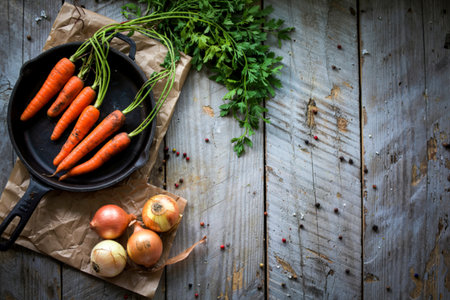 black cast iron pan with carrots and onions on a gray wooden surfaceの写真素材