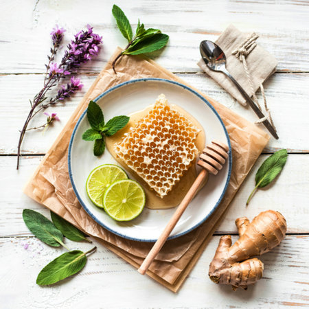Honeycomb on ceramic plate with peppermint ,lime ,ginger and sage set up on white wooden backgroundの写真素材
