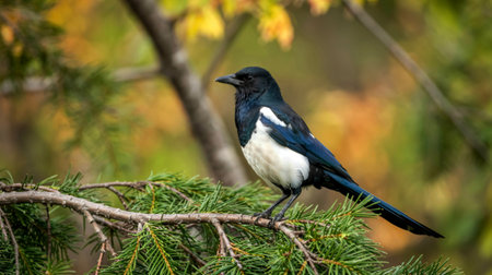 The black-billed magpie, also known as the American magpie on the treeの写真素材