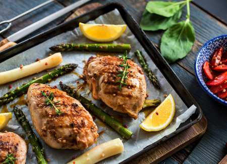 Chicken grill with lemon and asparagus in black tray top view, close up, healthy food conceptの写真素材