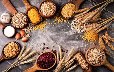 A variety of grains and legumes are arranged on a gray surface, surrounded by wheat stalks. The image showcases different textures and colors of various food items.の写真素材