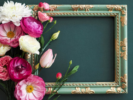 A teal ornate picture frame is adorned with a bouquet of pink, white, and cream flowers, creating a visually appealing and elegant composition against a dark green background.の写真素材