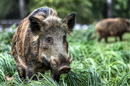 A close-up view of a wild boar standing in tall grass, another boar is visible in the blurred background. The focus is on the detailed features of the boar in the foreground.の写真素材