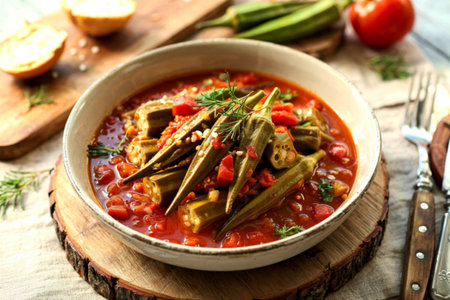 A flavorful okra stew simmered in a rich tomato sauce, garnished with fresh herbs. Served in a rustic bowl, it's a hearty and delicious dish.の写真素材