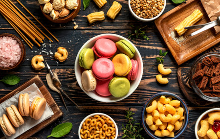 A flatlay overhead shot showcases a variety of colorful pasta, sweet macarons, and crunchy snacks...