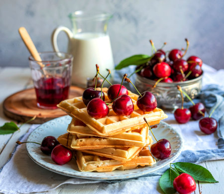 A stack of golden waffles is adorned with ripe red cherries, accompanied by a glass of milk and cherry jam. The scene is set on a rustic white table.の写真素材