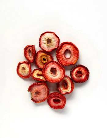 A pile of vibrant red dehydrated strawberry rings are scattered on a clean white surface. The rings...