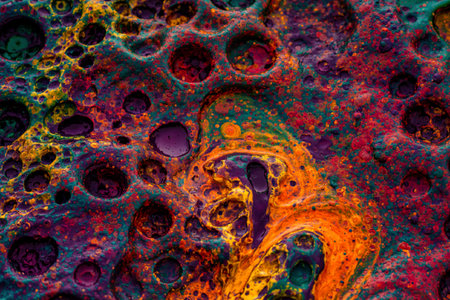 Close-up view of a vibrant, abstract painting featuring a textured surface with numerous small bubbles and swirling colors of orange, purple, teal, and red.の写真素材
