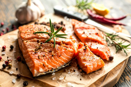 A delicious-looking salmon fillet, seasoned with herbs and spices, rests on a wooden board. It's accompanied by other ingredients like garlic and peppercorns.の写真素材