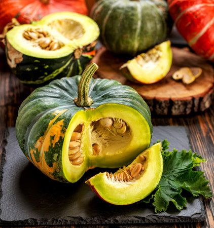 A vibrant green and yellow kabocha squash is halved and sliced, showcasing its seeds and bright interior. Other pumpkins and gourds are in the background.の写真素材