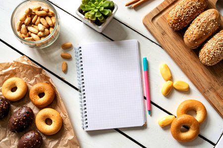 A flat lay showcasing a blank notebook surrounded by various snacks, including bagels, bread rolls,...