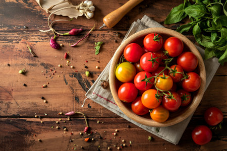 A rustic overhead shot features a bowl of ripe red and yellow tomatoes surrounded by various spices and herbs on a wooden surface.の写真素材