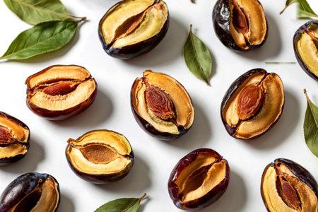 A flat lay showcasing multiple dried plum halves arranged symmetrically on a white surface, interspersed with fresh green leaves.の写真素材
