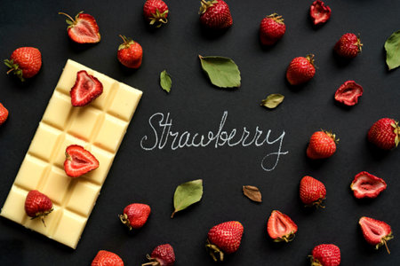 A flat lay photograph shows a white chocolate bar adorned with strawberry slices, surrounded by whole strawberries and leaves on a dark background. The word Strawberry is written in chalk.の写真素材