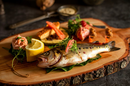 A rustic wooden board displays a beautifully presented grilled fish, surrounded by an array of delectable appetizers, including salmon mousse, lemon wedges, and other gourmet seafood bites.の写真素材