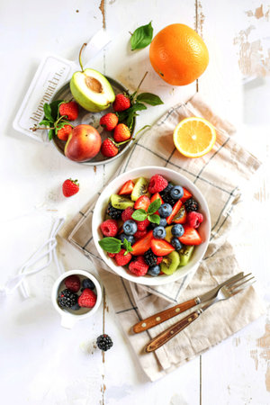 A vibrant mix of fresh strawberries, raspberries, blueberries, kiwi, and other fruits in a bowl, accompanied by oranges and pears.の写真素材