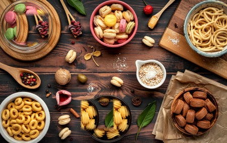 A top-down view showcases a variety of colorful pastries, pasta, cereals, and spices artfully...