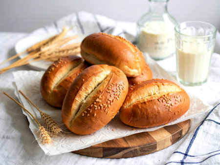 oblong baked bread made from white wheat flour on a white tableの写真素材