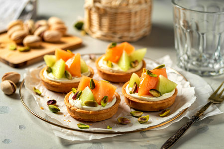Tartlets with melon, mascarpone and pistachios on transparent plate. Close upの写真素材