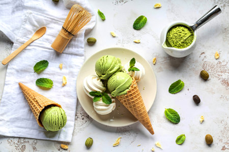 Matcha green tea ice cream with waffle cone and mint leaves setup on white stone background