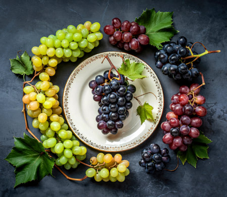 top view of black and white grapes around plate on gray backgroundの写真素材