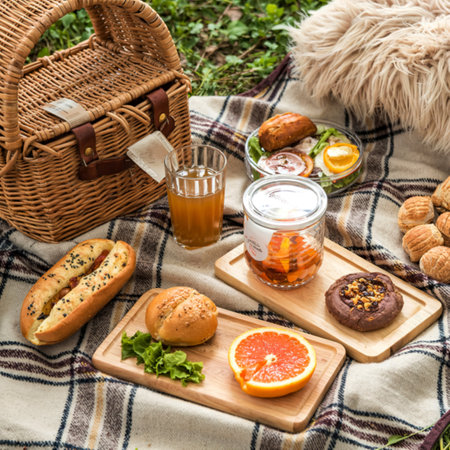 Arrangement of picnic goodies on a blanketの写真素材