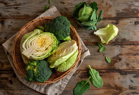 fresh cabbage broccoli in a basket on a brown wooden table, top view, vintage toningの写真素材