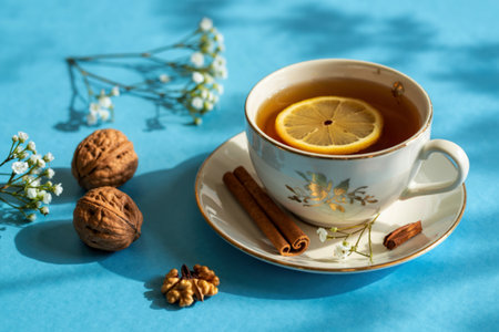 side view of cup of tea with lemon slice and cinnamon with nuts walnut and flowers on blue backgroundの写真素材
