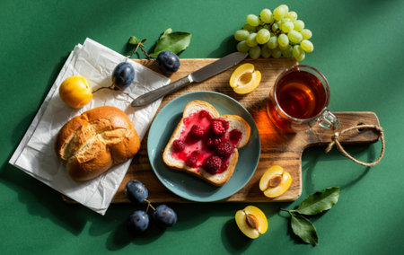 top view of breakfast set with bread slice smeared with raspberry jam grape cup of tea
