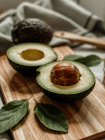 Halved avocado with core. - in macro shot
