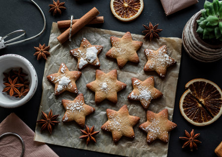 Star shaped baked gingerbread cookies sprinkled with powdered sugar on a black table, top view