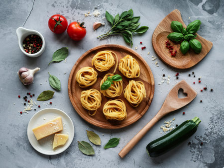 Dried homemade Fettuccine with heart shaped wooden spatula and ingredients sweet basilの写真素材