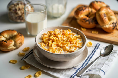 Cornflakes with milk healthy and healthy breakfast. Cornflakes in bagel shape in a white bowlの写真素材