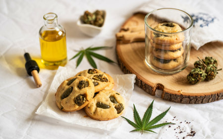 Homemade cannabis cookies with cannabis oils of marijuana isolated on white backgroundの写真素材