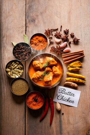 Aromatic butter chicken curry is served in a bowl, surrounded by various Indian spices like turmeric, chili, and cardamom on a rustic wooden background.の写真素材