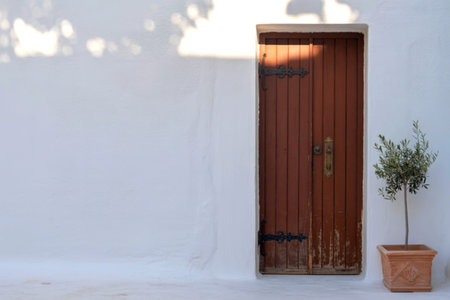 A weathered brown wooden door with ornate hinges is set into a whitewashed wall. Beside it, a small olive tree in a terracotta pot adds a touch of Mediterranean charm.の写真素材