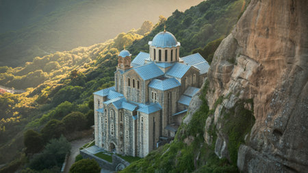 A stunning view of a stone monastery perched atop a mountain, bathed in the golden light of sunrise....