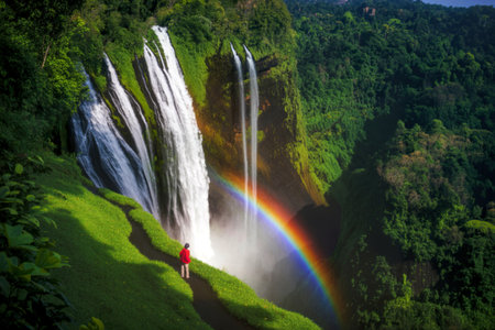 A breathtaking view of a multi-tiered waterfall cascading down lush green cliffs, a vibrant rainbow arches across the mist, and a lone hiker observes the scene.の写真素材